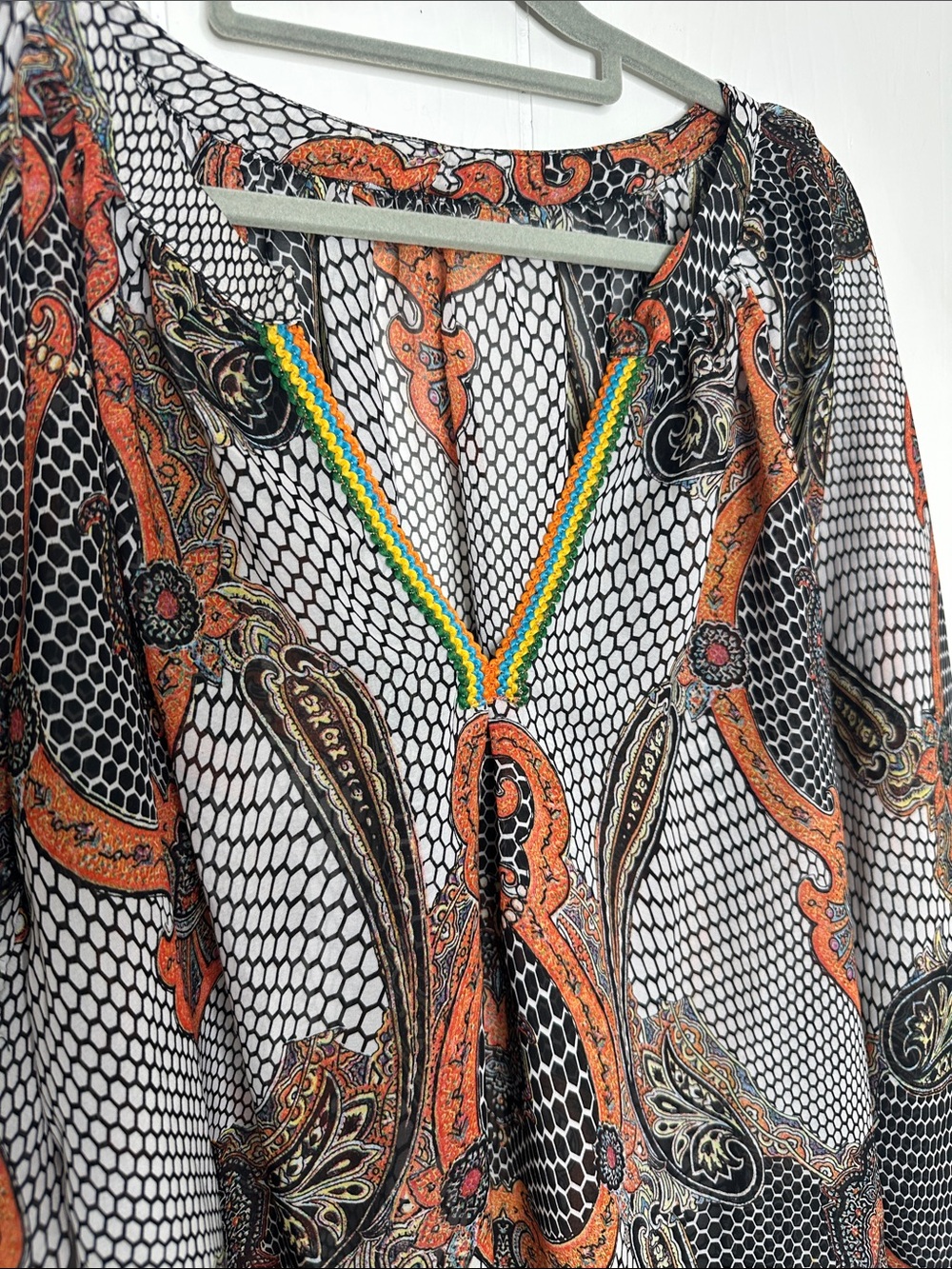 Sheer Paisley V-Neck Blouse in Orange and Black - Picture 4 of 6